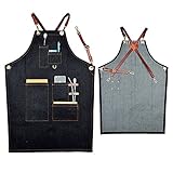 Boshiho多機能デニムワークエプロン、作業エプロン、ショップエプロ、シェフエプロン、おしゃれ　男女兼用エプロン　クロスバックストラップ調整可能、フリーサイズ (A)