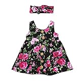 Allouli 赤ちゃんの女の子フラワープリントパーティードレスヘッドバンドの綿の服セット