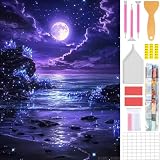 Amyaker ダイヤモンドアート キット 四角いビーズ ダイアモンドビーズ絵画キット 日本語キャンバス DIY 手作り絵画 手芸キット モザイクアート 5D モザイクアート ダイヤモンド塗装 全面貼り付けタイプ 30x40cm 紫の月 海