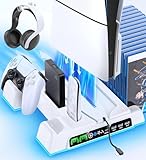 【PS5/PS5 Slim/PS5 Pro対応】PS5 Slim 縦置き 冷却 スタンド 3段階風速調整PS5冷却ファン PS5 コントローラー 充電器 2台同時充電 充電指示ランプ付 ゲームディスク/ヘッドセット/ディスクドライブ/リモコン収納 プレステ5/PS5スリム/プロ通常版とデジタル版両対応 PS5 周辺機器