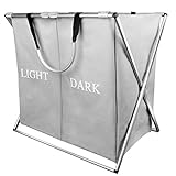 洗濯かご二段 脱衣かご 折り畳み 仕切り 収納袋防水コーティングラミーコットン オックスフォード 防水 メッシュ付きストレージバスケット衣料品 玩具 大容量 ランドリーボックス (ブルー)