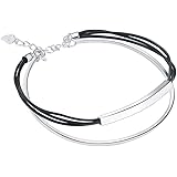 SA SILVERAGE 925 Sterling Silver Black Leather Rope Wrap Bracelets for Cool Women Men 2-Layer Cuff