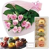 花とスイーツ ギフトセット エレガント ピンク バラ 花束 と フルーツ・クグロフ　 写真入り・名入れメッセージカード