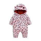 DWSIOOW　ふわふわフラノロンパース　カバオール　ヒョウ柄　ベビー服　秋冬　フード付き　長袖　前開き　変身耳付き　防寒ジャンプスーツ　出産祝い　プレゼント (ピンク, 90cm)