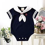 ZooArts ベビー服 セーラー服 ロンパース 新生児サイズ 半袖 股下全開 男の子 女の子 男女兼用 子供服 赤ちゃん 撮影 道具 記念日 誕生日 綿 可愛い ブルー (60（0-6ヶ月）)