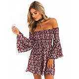 Womens Dress,Neartime Off Shoulder Flounce Sleeves Casual Floral Short Mini Dress (S, Red) [並行輸入品]