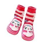 フクシア色のロングスタイルの猫柄のストライプベビーソックス13×10センチメートル