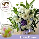 お供えセット 旬のおまかせお供えアレンジSサイズ カラーは白に青紫を入れて +「こんぺいとうキャンドル」スイーツキャンドル　ギフトセット