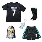 2017/2018レアルマドリード クリスティアーノ・ロナウド#7 アウェー ブラック フットボール サッカーキッズ ジャージ&ショートパンツ&ソックス&サッカーバッグユースサイズ パープル
