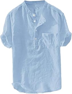 Mens Henley T-Shirt Linen Cotton Shirts 