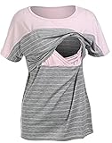 夏 授乳Tシャツ 授乳服 半袖 授乳口付き マタニティトップス ストレッチコットン 授乳 産前 産後 (ピンク+グレー, 2XL)
