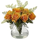 Nearly Natural 1366-OY Rose and Maiden Hair Arrangement with Vase, Yellow/Orange by Nearly Natural