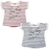 (ブルー/90cm)ベビー服 女の子 Tシャツ 半袖 リボンプリント 袖フリル 裾テールカット ボーダー柄 女児 ベビー