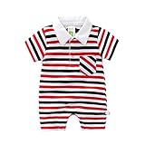エルフ ベビー(Fairy Baby) ベビー服 半袖 夏ポロロンパース 縞柄 前開き ショートオール 男の子 女の子 (3-6 Months, レッド)