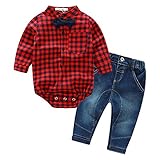 紳士シャツジーンズスーツ男の子デニムパンツ格子柄ボディスーツ長袖服装 US サイズ: 12-18month カラー: レッド