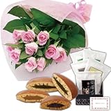 花とスイーツ ギフトセット エレガント ピンク バラ 花束 と 京都　老舗　どら焼き 写真入り・名入れメッセージカード