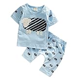 【SEBLES】ベビー 赤ちゃん 男の子 女の子 ユニセックス 半袖 ラウンドネック プリント 羊 無地 可愛い Tシャツ　ズボン ボトムス セット カジュアル コットン 綿(ライトブルー,80cm)