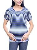 授乳服 トップス 授乳Tシャツ 半袖 縞柄 カットソー マタニティトップス 産後ウェア 春夏秋冬 前開き 授乳口付き 妊婦服 出産準備 産前 妊娠中 (L-LL, ブルー)