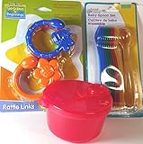 Bundle of 3 Baby Items (BPA Free): 1-6 Piece Linking Teething Rings, 1-set of 12 Feeding Spoons, 1-3