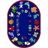 Joy Carpets Kid Essentials Early Childhood Oval Hebrew Alphabet ABC Animals Rug, Blue, 5'4" x 7'8" [