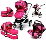 i-Safe System - Raspberry (Pink) Trio Travel System Pram & Luxury Stroller 3 in 1 Complete With Car 