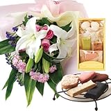 花とスイーツ ギフトセット 豪華 ユリ ピンクバラ 花束 と 国産小麦を厳選　自然の甘味の手づくり洋菓子詰め合わせ B 写真入りメッセージカード