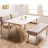 【愛らしい柔らか雰囲気のダイニング4点セット】 チェック柄のクッション座面 木目がうっすら見えるホワイトウォッシュテーブル 圧迫感がないベンチ リラックス空間食卓 ベージュ色