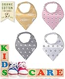 bee-zoo Baby Bandana Bibs Set Of 4 Modern Designs For Girls - 100% Organic Cotton On Front - Super A