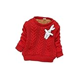 PANCY 子供服 秋冬 上質 防寒 長袖セーター ケーブル編み ニット 丸首 厚手 かわいい 裏起毛 うさぎ ぬいぐるみ付き 女の子 2色(XS,レッド)