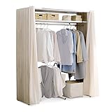 ハンガーラック 収納 収縮式 ロング丈も掛けられる カーテン付 木調 幅129～200cm ホワイト/オーク