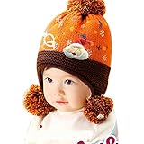 ニット帽子 耳まであったかキャップ ベビー キッズ 子供用 欧米風　赤ちゃん 帽子 クリスマス、雪だるま サンタ帽子バスデー男女兼用 出産祝い 記念写真の衣装にベビー 防寒帽子 (オレンジ+ブラウン)