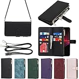 Eastwave for Sony Xperia 1 III SO-51B / SOG03 ケース for Sony Xperia 1iii 縄掛けケース 手帳型 財布型 ICカード コインポケット ストラップ付き カード 収納 小銭入れ ファスナーポケット付き PUレザー 6色 ブラック