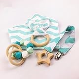 木育　歯固めおもちゃ　シリコン　ブレスレット　赤ちゃんのよだれ吸収 スタイ バンダナ ビブ セット　ママ授乳ジュエリー[BPAフリー][FDA認可済]木製 安全 無味　グリーン　4枚セット