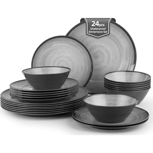 SEMEYONNE 24pcs Dinner Set, Melamine Dinnerware Set for 8 People, Cool Gray Plates and Bowls Set, Durable Camping Gifts for O
