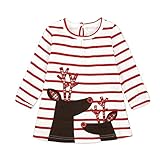 Remeehi ワンピース 女の子 キッズ服 ガールズ 縞模様 鹿柄 動物柄 長袖 ボタン付き レッド ホワイト 80cm