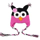 PANCY 春秋冬 ベビー 帽子 あったか 縄付き ニット帽 女の子 男の子 可愛い フクロウ 手編み プレゼント 出産祝い 記念撮影 防寒グッズ(黒+ローズ)