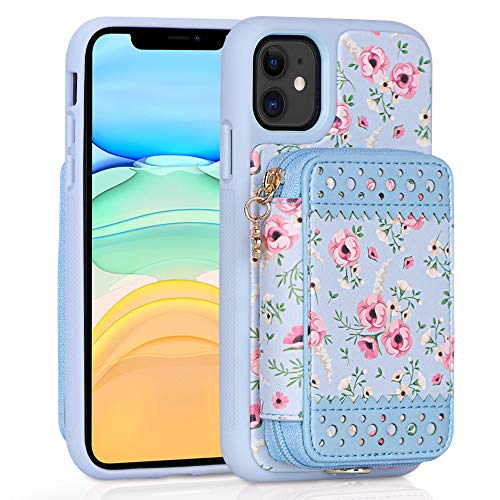 iPhone11 ケース アイフォン11ケース WWW 高級PUレザー スタンド機能 背面収納 カード入れ 小銭入れ ファスナーポケット 財布型 ストラップ付き 落下防止 花柄 スマホケース 2019年新型 iPhone 6.1インチ 対応 ブルー