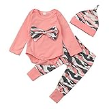 POTOJP かわいい ロンパース 幼児 子供服 女の子 迷彩 ボウタイ キッズ服 カバーオール ベビー服 赤ちゃん服 プレゼント/満月/出産祝い 3点セット (70, ロンパース+パンツ+帽子)