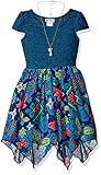 Youngland Little Girls' Knit to Printed Chiffon Hanky Hem Dress with Removable Tassle Necklace Blue/