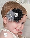 ☆エレガントな素材感サテンとチュールのフラワーヘアバンド☆ブラック＆グレー