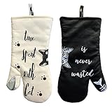 1 Pair Cat Oven Mitt Heat Resistant Cooking Glove 100% Cotton 30cm (Ivory and Black,Cat and Black Ca