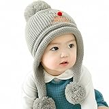 ベビー 赤ちゃん 可愛い ニット帽子 ぼうし 暖かい ニットキャップ 男女兼用 通学 通園 防寒 ポンポン付き 耳あて付き (グレー)