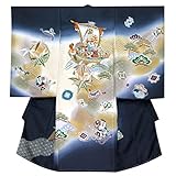 産着 男の子 お宮参りの着物 刺繍入りの熨斗目 （正絹）「紺 宝船と笹に松」HBU828