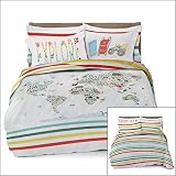 Full/Queen World Map Reversible Duvet Cover Set with 2 Pillowcases for Kid Bedding by Where The Polk