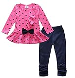 (ビグッド)Bigood かわいい 女の子 Ｔシャツ＋ロングパンツ 上下 2点セット セットアップ ハート柄 フリル 子供服 カジュアル（ローズ色・120）