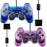 Poulep 有線コントローラー PS2コンソール対応 ダブルバイブレーション 1.65Mケーブル リモートゲームパッド (透明パープルと透明ブルー)