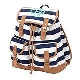 Striped Faux Leather Buckles Drawstring Campus Backpack (Navy) [並行輸入品]