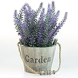MyGift人工ラベンダー植物、フェイクフラワーで素朴な木製ガーデンバケットプランターポット、ブラウン