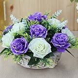 美しい 2色の バラ パープル × ホワイト 陶器ポット入り インテリアフラワー