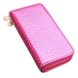OURBAG 女性ダブルジッパーロングウォレットクラッチレザーカードコインホルダー財布の携帯電話バッグ ローズレッド 中